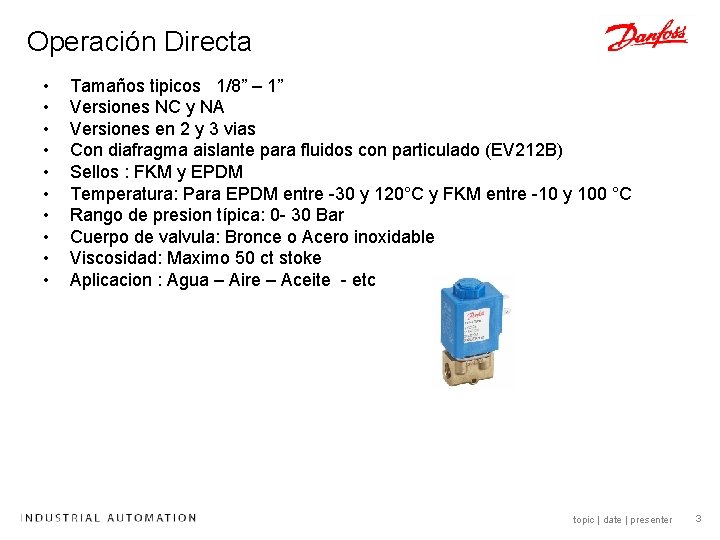 Operación Directa • • • Tamaños tipicos 1/8” – 1” Versiones NC y NA Operación Directa • • • Tamaños tipicos 1/8” – 1” Versiones NC y NA