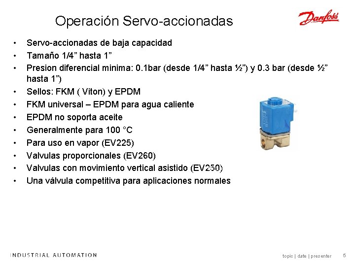 Operación Servo-accionadas • • • Servo-accionadas de baja capacidad Tamaño 1/4” hasta 1” Presion Operación Servo-accionadas • • • Servo-accionadas de baja capacidad Tamaño 1/4” hasta 1” Presion