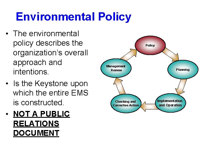 Environmental Policy • The environmental policy describes the organization’s overall approach and intentions. •