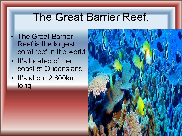 The Great Barrier Reef. • The Great Barrier Reef is the largest coral reef