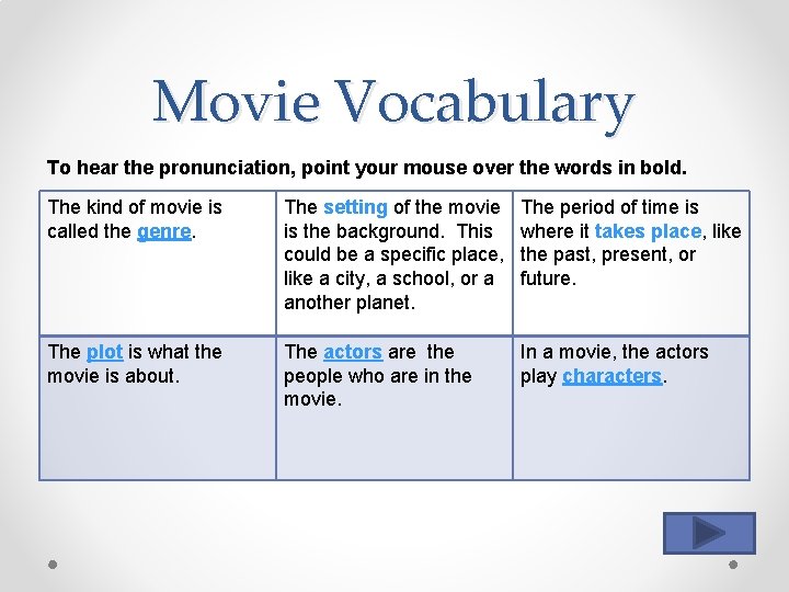 Movie Vocabulary To hear the pronunciation, point your mouse over the words in bold.