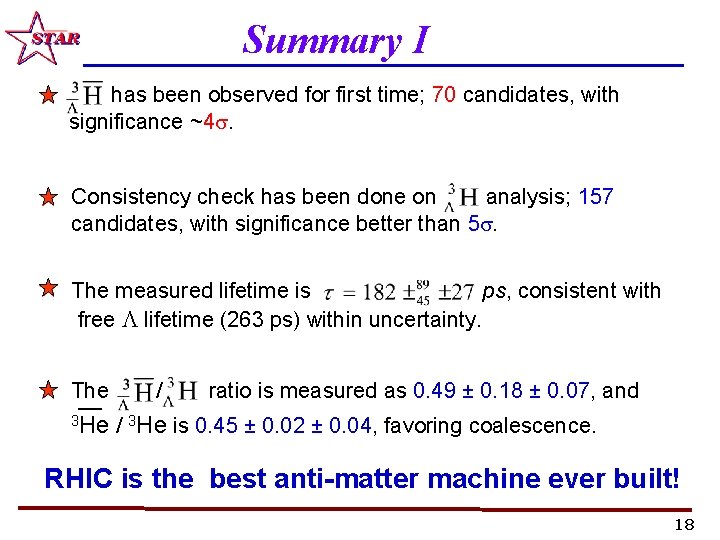 Summary I has been observed for first time; 70 candidates, with significance ~4 s.