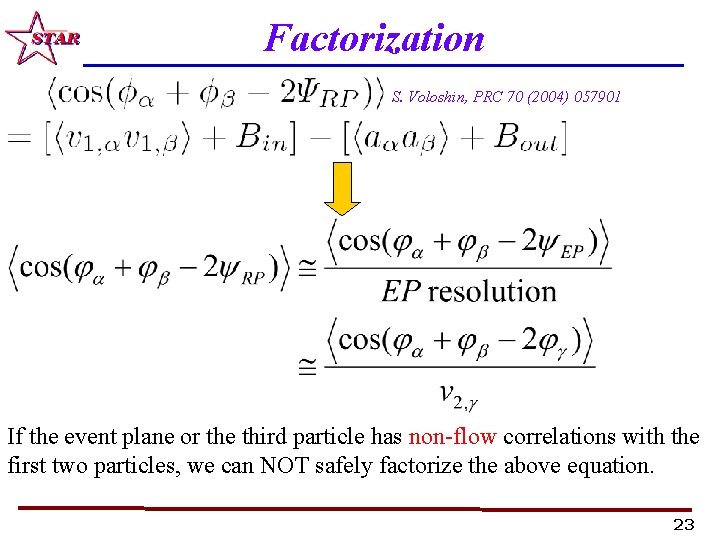 Factorization S. Voloshin, PRC 70 (2004) 057901 If the event plane or the third