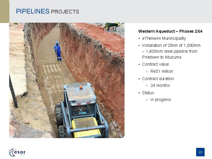 PIPELINES PROJECTS Western Aqueduct – Phases 2&4 • e. Thekwini Munincipality • Installation of