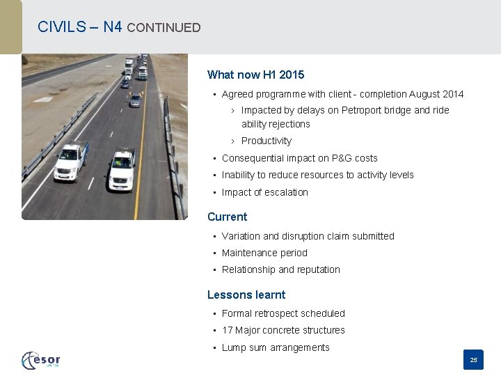 CIVILS – N 4 CONTINUED What now H 1 2015 • Agreed programme with