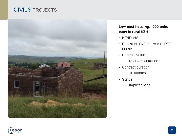 CIVILS PROJECTS Low cost housing, 1000 units each in rural KZN • KZNDo. HS