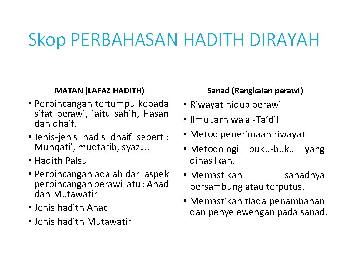 Skop PERBAHASAN HADITH DIRAYAH MATAN (LAFAZ HADITH) Sanad (Rangkaian perawi) • Perbincangan tertumpu kepada