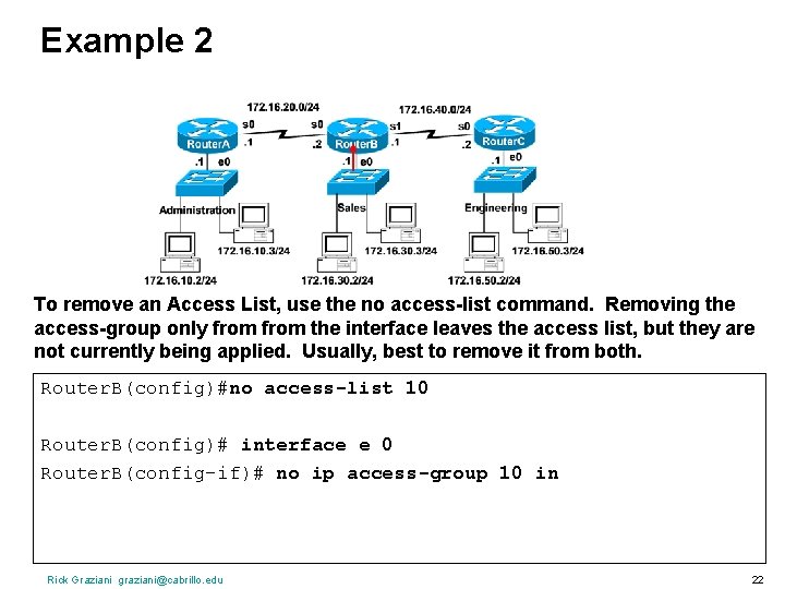 Example 2 To remove an Access List, use the no access-list command. Removing the