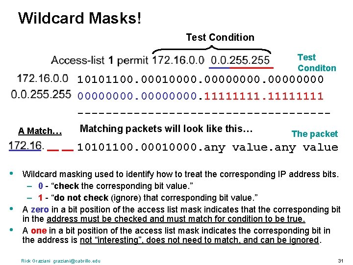 Wildcard Masks! Test Condition Test Conditon 10101100. 000100000000. 1111 ------------------A Match… Matching packets will