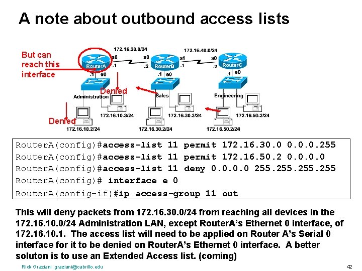 A note about outbound access lists But can reach this interface Denied Router. A(config)#access-list