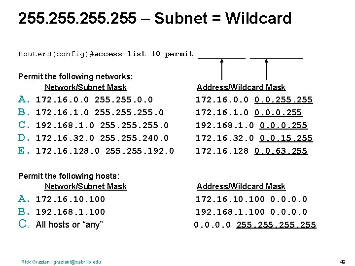 255. 255 – Subnet = Wildcard Router. B(config)#access-list 10 permit ___________ Permit the following