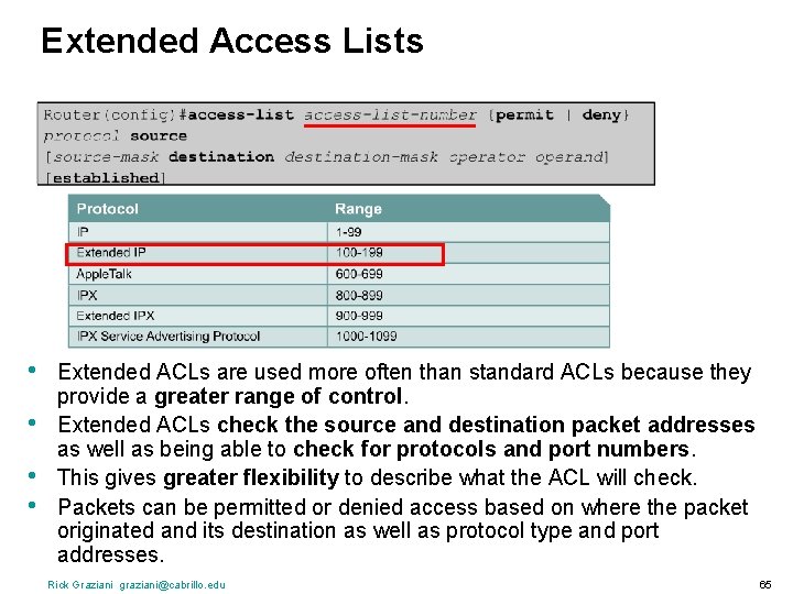 Extended Access Lists • • Extended ACLs are used more often than standard ACLs