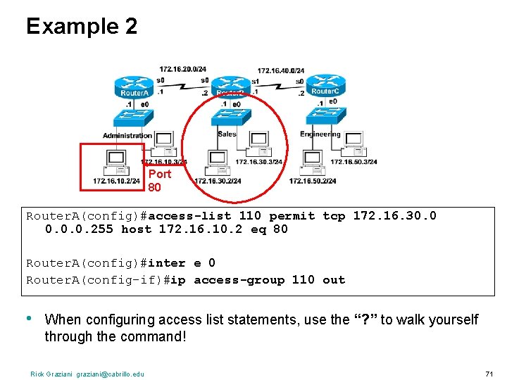 Example 2 Port 80 Router. A(config)#access-list 110 permit tcp 172. 16. 30. 0. 0.