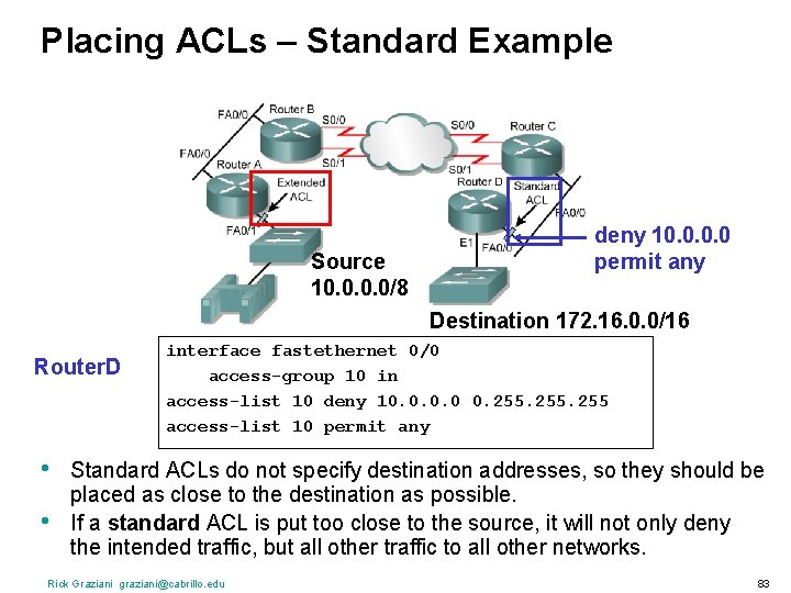 Placing ACLs – Standard Example Source 10. 0/8 deny 10. 0 permit any Destination