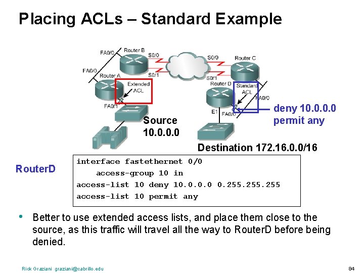 Placing ACLs – Standard Example Source 10. 0 deny 10. 0 permit any Destination