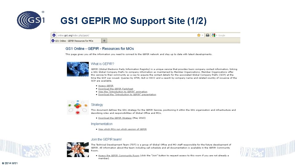 GS 1 GEPIR MO Support Site (1/2) © 2014 GS 1 