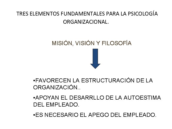 TRES ELEMENTOS FUNDAMENTALES PARA LA PSICOLOGÍA ORGANIZACIONAL. MISIÓN, VISIÓN Y FILOSOFÍA • FAVORECEN LA TRES ELEMENTOS FUNDAMENTALES PARA LA PSICOLOGÍA ORGANIZACIONAL. MISIÓN, VISIÓN Y FILOSOFÍA • FAVORECEN LA