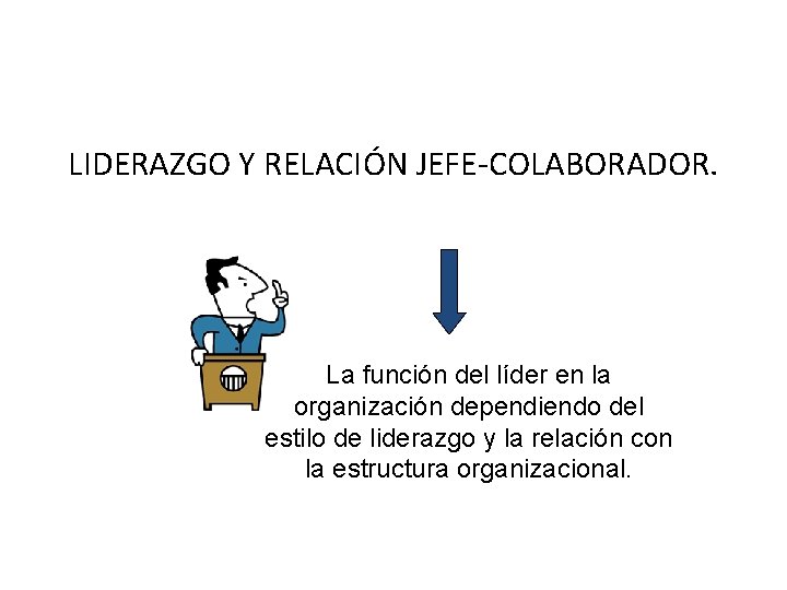 LIDERAZGO Y RELACIÓN JEFE-COLABORADOR. La función del líder en la organización dependiendo del estilo LIDERAZGO Y RELACIÓN JEFE-COLABORADOR. La función del líder en la organización dependiendo del estilo