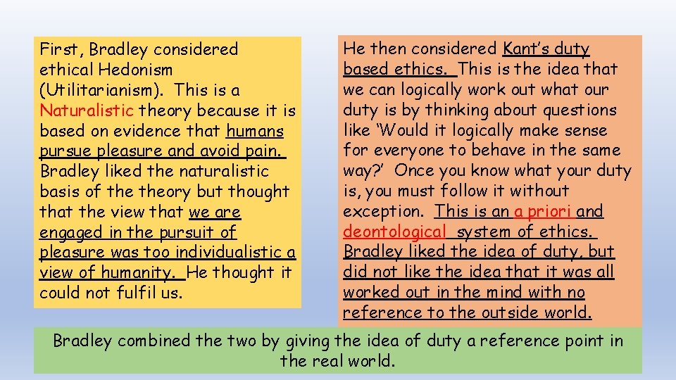 First, Bradley considered ethical Hedonism (Utilitarianism). This is a Naturalistic theory because it is