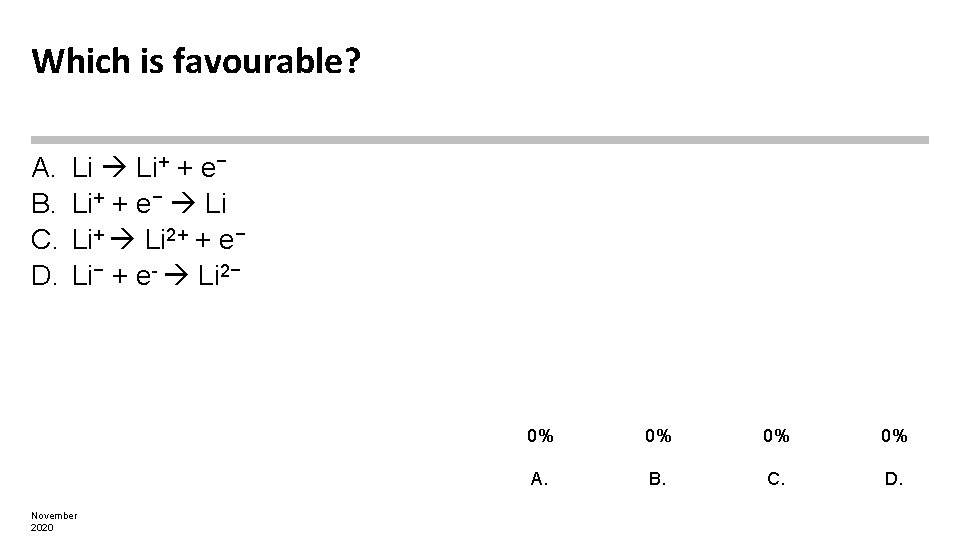 Which is favourable? A. B. C. D. Li+ + e− Li Li+ Li 2+