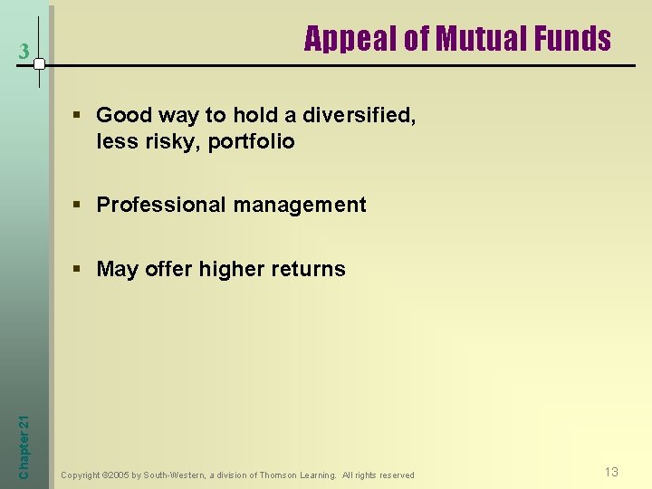 3 Appeal of Mutual Funds § Good way to hold a diversified, less risky,