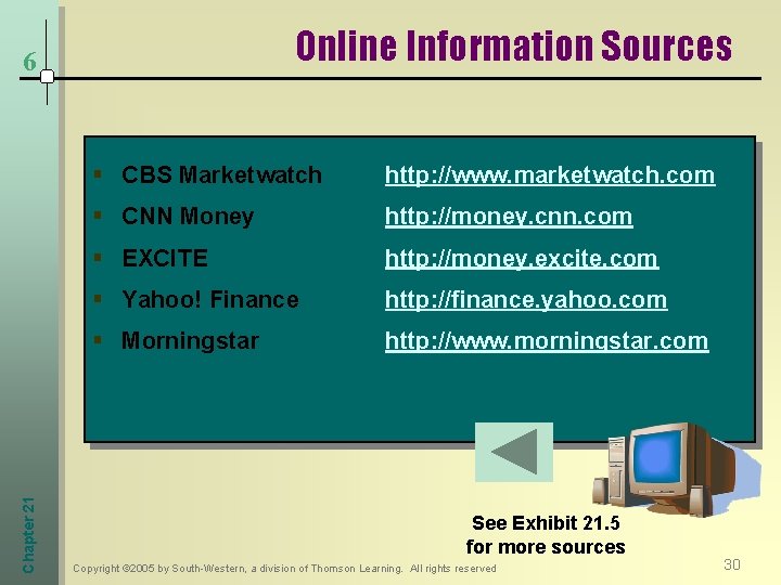 Online Information Sources Chapter 21 6 § CBS Marketwatch http: //www. marketwatch. com §