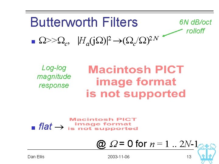Butterworth Filters W>>Wc, |Ha(j. W)|2 (Wc/W)2 N 6 N d. B/oct rolloff Log-log magnitude Butterworth Filters W>>Wc, |Ha(j. W)|2 (Wc/W)2 N 6 N d. B/oct rolloff Log-log magnitude