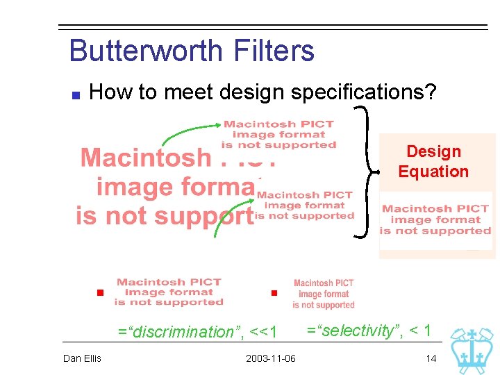 Butterworth Filters How to meet design specifications? Design Equation =“discrimination”, <<1 Dan Ellis 2003 Butterworth Filters How to meet design specifications? Design Equation =“discrimination”, <<1 Dan Ellis 2003