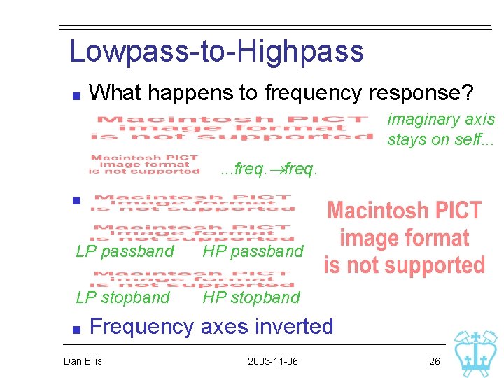 Lowpass-to-Highpass What happens to frequency response? imaginary axis stays on self. . . freq. Lowpass-to-Highpass What happens to frequency response? imaginary axis stays on self. . . freq.