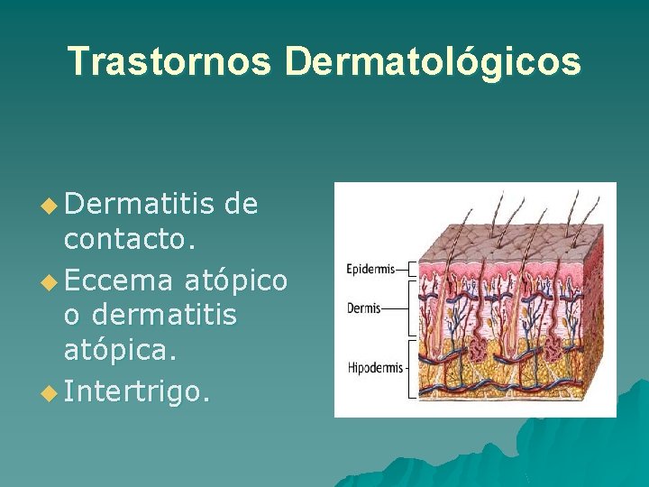 Trastornos Dermatológicos u Dermatitis de contacto. u Eccema atópico o dermatitis atópica. u Intertrigo.