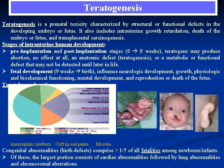 Teratogenesis is a prenatal toxicity characterized by structural or functional defects in the developing