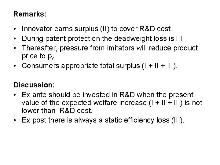 Remarks: • Innovator earns surplus (II) to cover R&D cost. • During patent protection