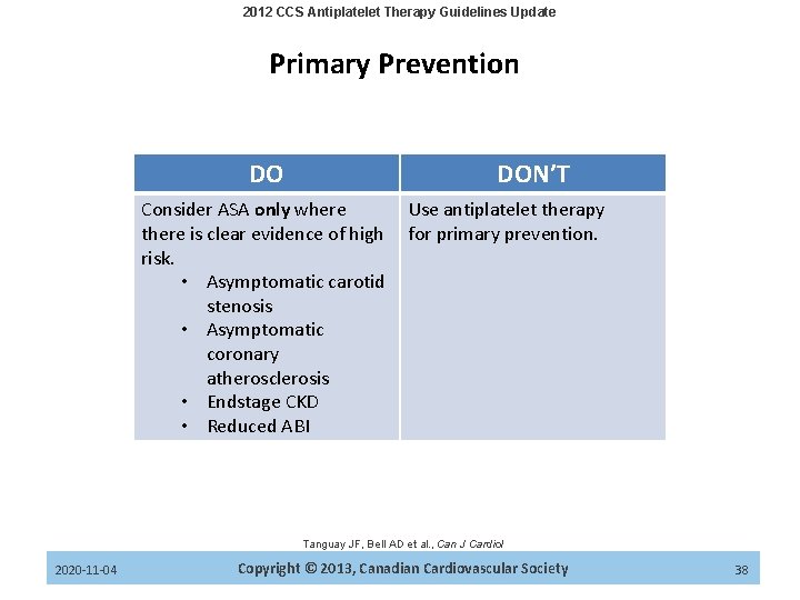 2012 CCS Antiplatelet Therapy Guidelines Update Primary Prevention DO DON’T Consider ASA only where