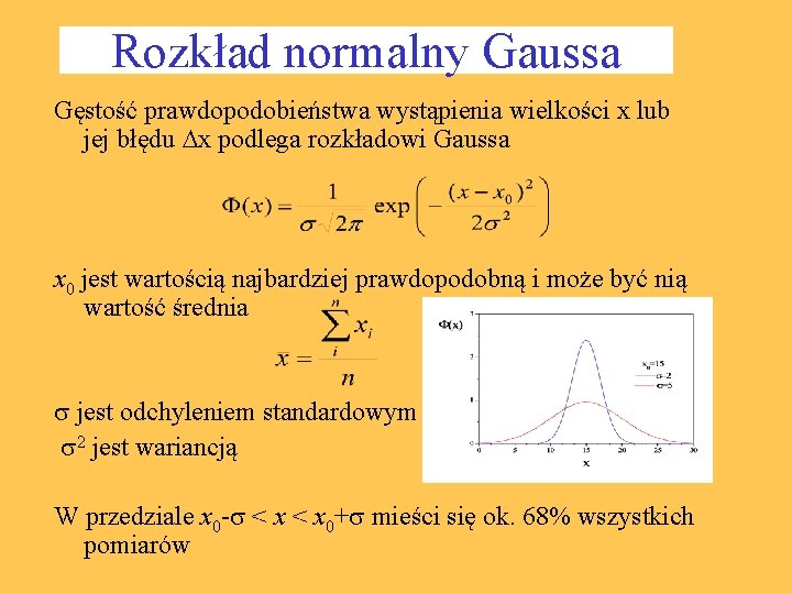 Rozkład normalny Gaussa Gęstość prawdopodobieństwa wystąpienia wielkości x lub jej błędu x podlega rozkładowi