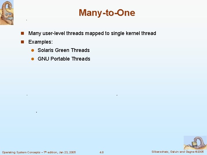 Many-to-One Many user-level threads mapped to single kernel thread Examples: Solaris Green Threads GNU