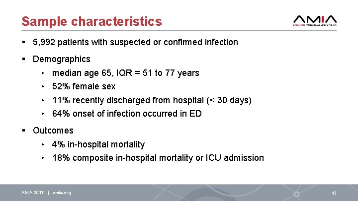 Sample characteristics § 5, 992 patients with suspected or confirmed infection § Demographics •