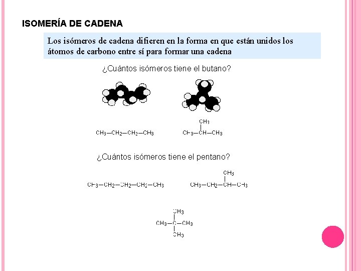 ISOMERÍA DE CADENA Los isómeros de cadena difieren en la forma en que están