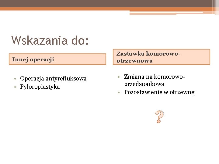 Wskazania do: Innej operacji Zastawka komorowootrzewnowa • Operacja antyrefluksowa • Pyloroplastyka • Zmiana na