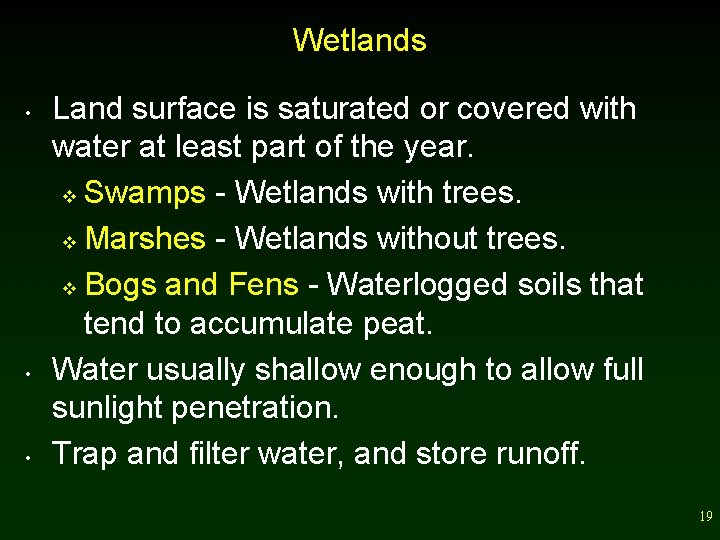 Wetlands • • • Land surface is saturated or covered with water at least