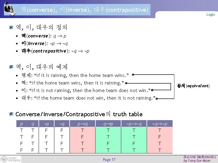 역(converse), 이(inverse), 대우(contrapositive) Logic 역, 이, 대우의 정의 • 역(converse): q p • 이(inverse):