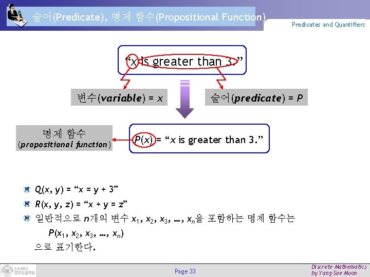 술어(Predicate), 명제 함수(Propositional Function) Predicates and Quantifiers “x is greater than 3. ” 변수(variable)