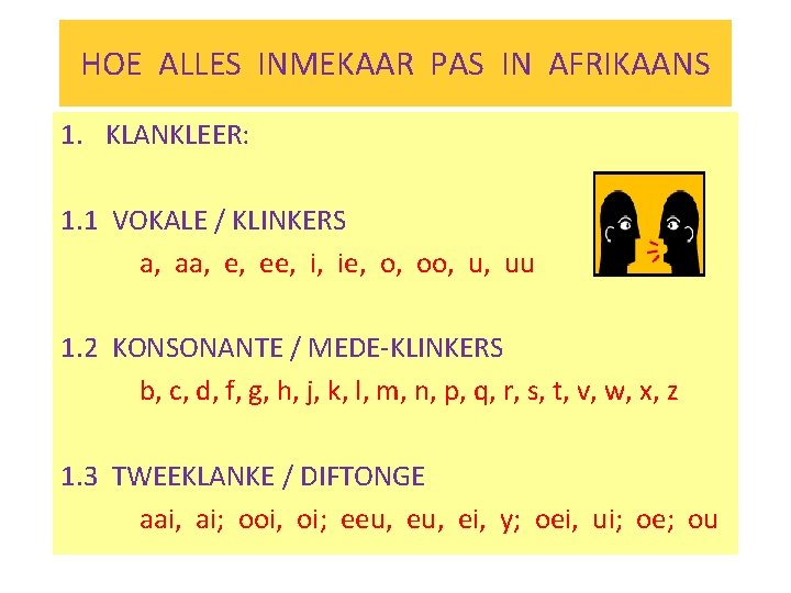 HOE ALLES INMEKAAR PAS IN AFRIKAANS 1. KLANKLEER: 1. 1 VOKALE / KLINKERS a,