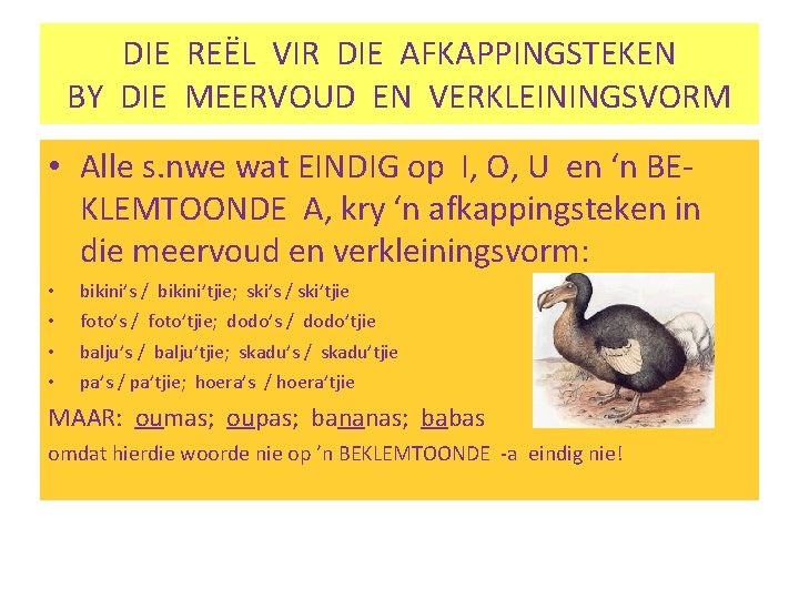 DIE REËL VIR DIE AFKAPPINGSTEKEN BY DIE MEERVOUD EN VERKLEININGSVORM • Alle s. nwe