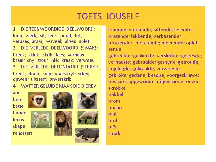 TOETS JOUSELF 1 DIE TEENWOORDIGE DEELWOORD: loop; werk; sit; lees; praat; lek; verbaas; braai;