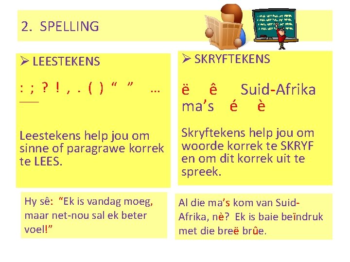 2. SPELLING Ø SKRYFTEKENS Ø LEESTEKENS : ; ? ! , . ( )