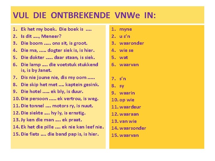 VUL DIE ONTBREKENDE VNWe IN: 1. 2. 3. 4. 5. 6. Ek het my