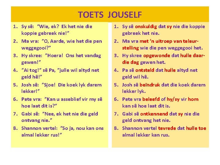 TOETS JOUSELF 1. Sy sê: ”Wie, ek? Ek het nie die koppie gebreek nie!”