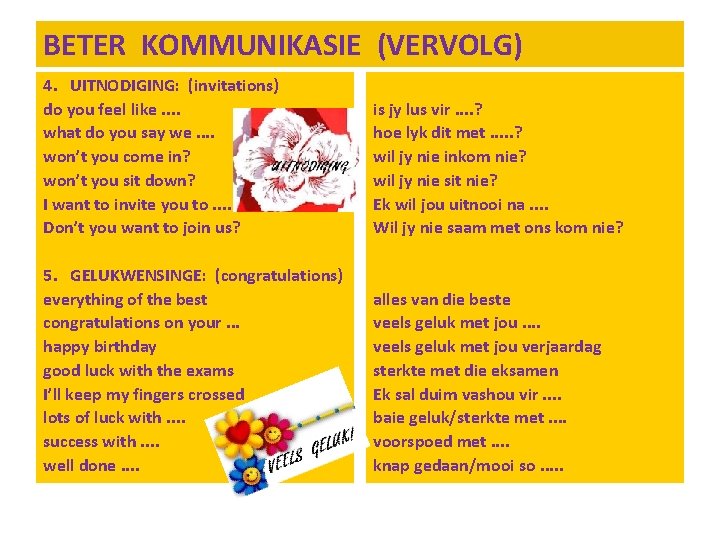 BETER KOMMUNIKASIE (VERVOLG) 4. UITNODIGING: (invitations) do you feel like. . what do you