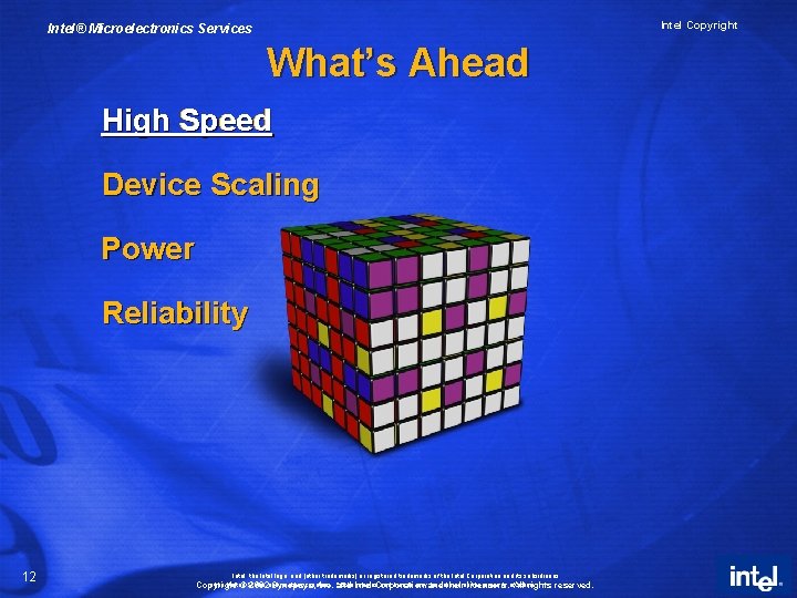 Intel Copyright Intel® Microelectronics Services What’s Ahead High Speed Device Scaling Power Reliability 12