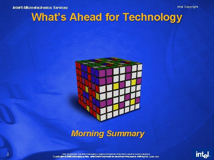 Intel Copyright Intel® Microelectronics Services What’s Ahead for Technology Morning Summary 2 Intel, the